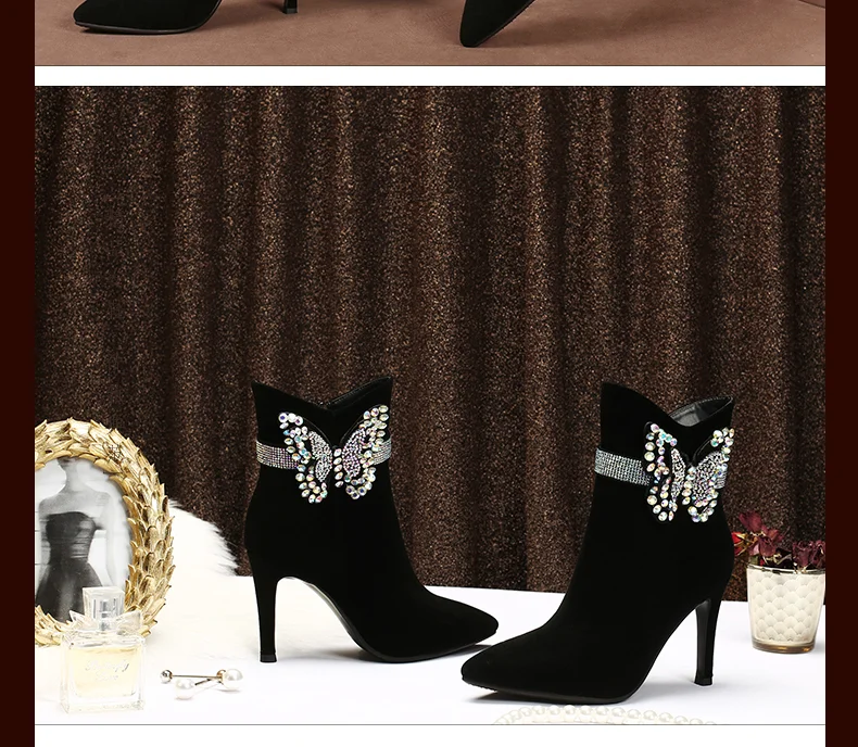 Фирменный дизайн; коллекция года; ботильоны из натуральной овечьей замши; женская обувь на высоком каблуке-шпильке; женские ботиночки с острым носком; Botas Mujer