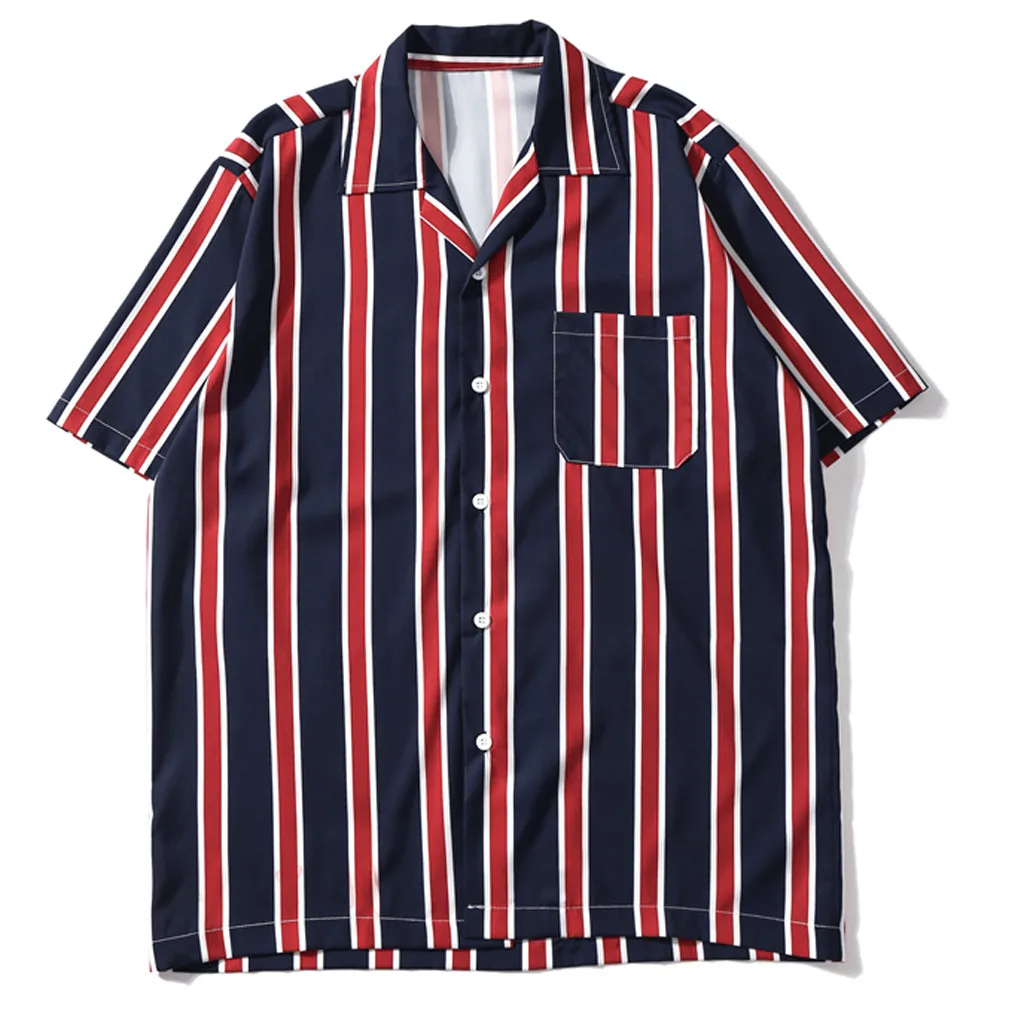 

New tshirt Men Stripe printed T shirt Fashion stitching Turn-down Collar Short-sleeved Slim Fit t shirt men