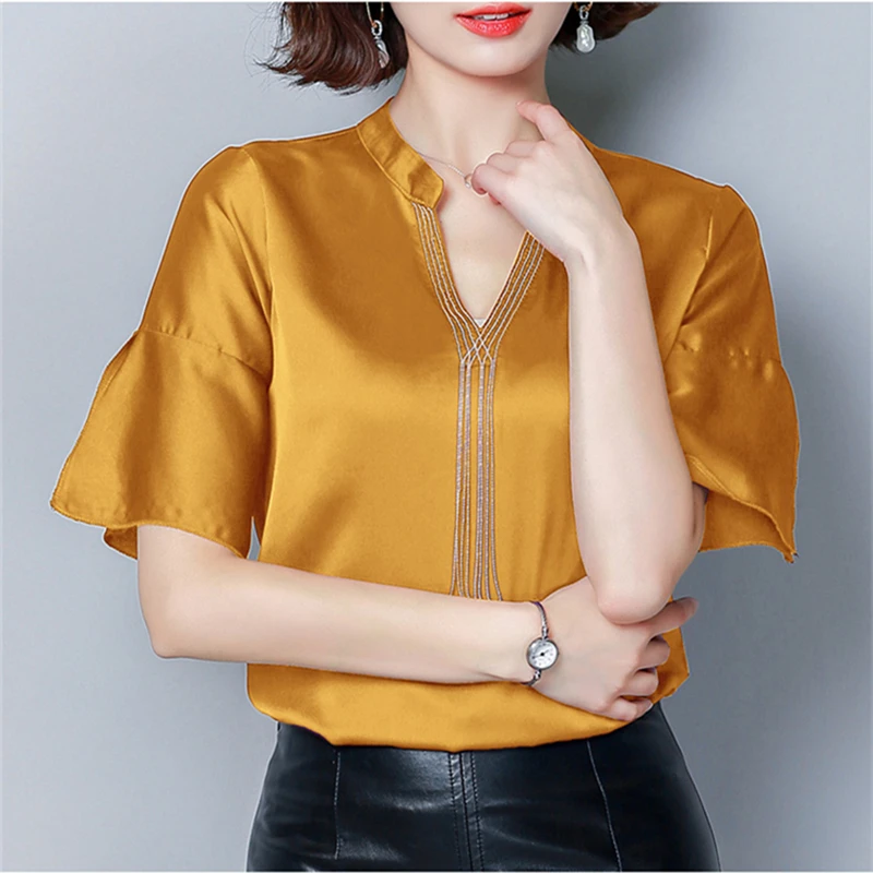 Korean Fashion Silk Women Blouses Satin Womens Tops and Blouses Flare Sleeve Black Women Shirts Plus Size XXXL Ladies Tops - 33059679855