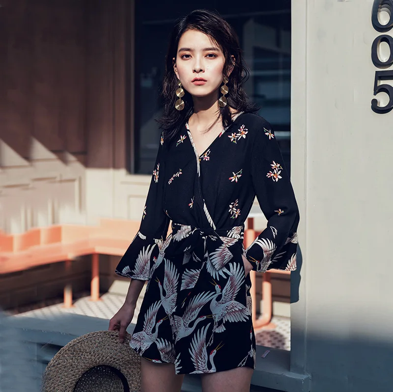 #0345 Summer Flare Sleeve Vintage Playsuits Women Chiffon Beach Bodies Bohemian Playsuits V Neck Retro Crane Printed Body Femme #0345 Summer Flare Sleeve Vintage Playsuits Women Chiffon Beach Bodies Bohemian Playsuits V Neck Retro Crane Printed Body Femme