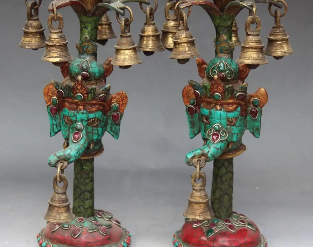

11"Tibet Turquoise & Coral Gilt Elephant God Wealth Bell Candlestick Holder Pair