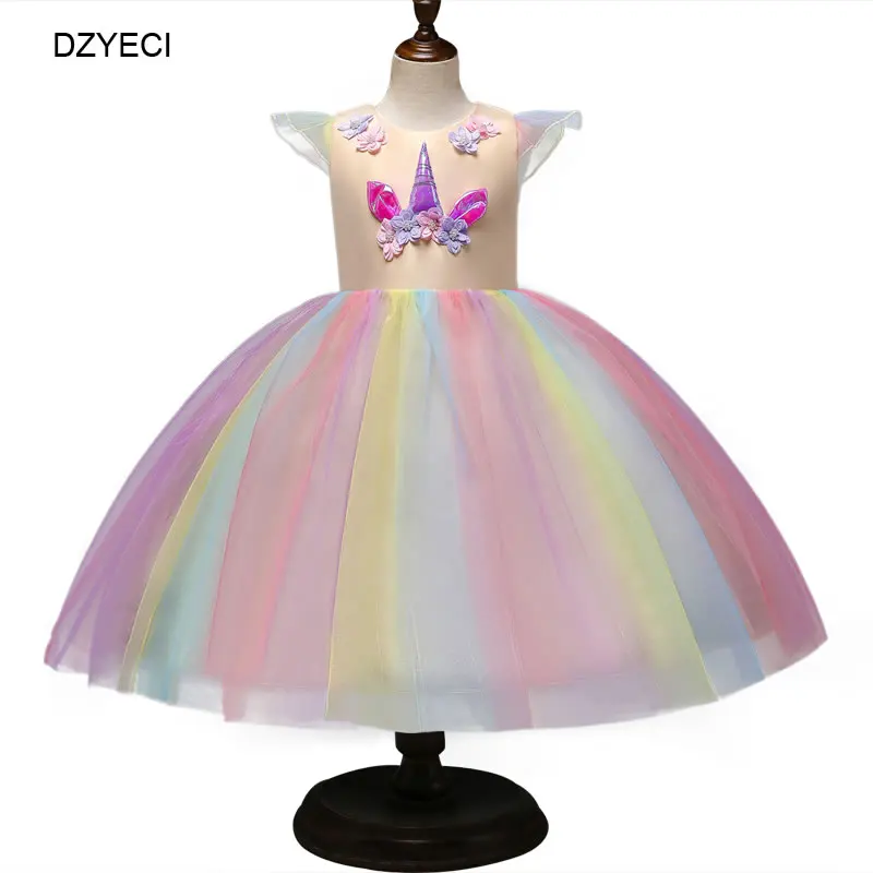 DZYECI/костюм единорога для маленьких девочек; платье для девочек; карнавальные вечерние платья радужной расцветки; элегантная детская Туника; нарядное платье Elza