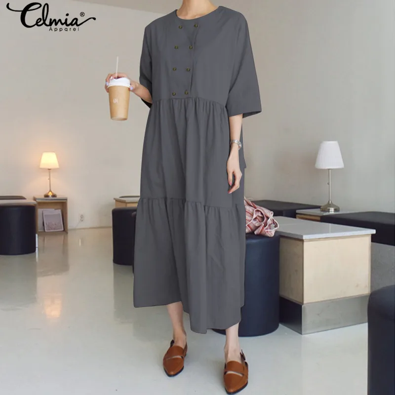

Vintage Casual Half Sleeve Solid Long Maxi Dress Celmia 2019 Summer Loose O-Neck Button Ruffles Dress Plus Size Kaftan Vestidos