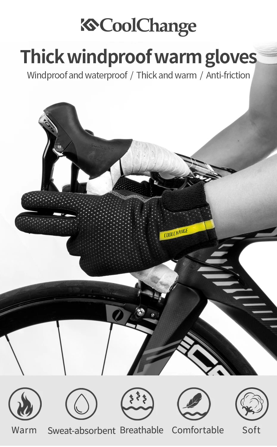 CoolChange Перчатки Для Спортивного Велосипеда зима Термальность ветрозащитный MTB полный анти-скольжения пальцев Сенсорный экран велосипедные перчатки Для мужчин Для женщин