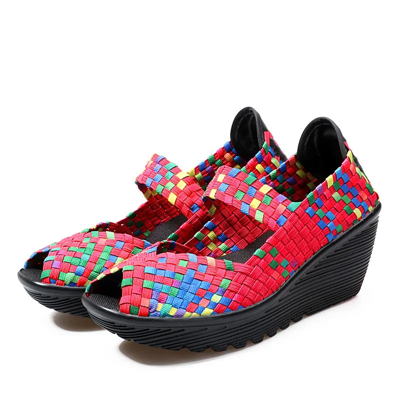 BeckyWalk/летние женские босоножки на платформе; женская обувь с открытым носком; плетеная пластиковая обувь на танкетке; женские босоножки ручной работы с вырезами; WSH2899 - Цвет: Розово-красный