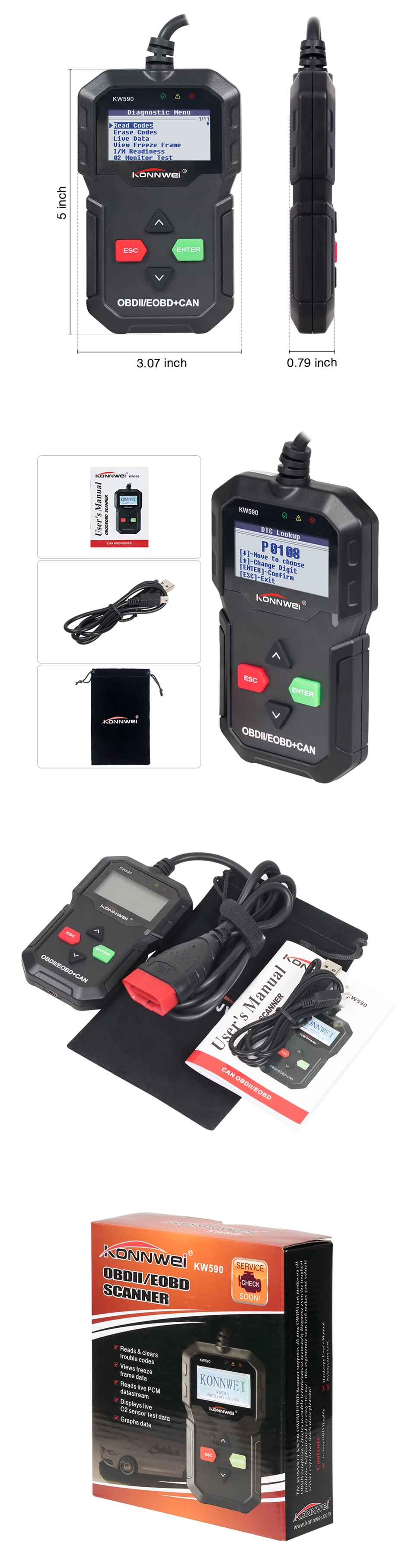 KONNWEI KW590 автомобильный OBD2 код сканер кВт 590 код ридер Поддержка мульти-брендов автомобилей и языков