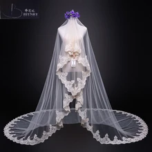 Фата, свадьба один слой кружева край Шампань Соборная вуаль Длинная фата невесты Недорогие свадебные аксессуары Veu de Noiva