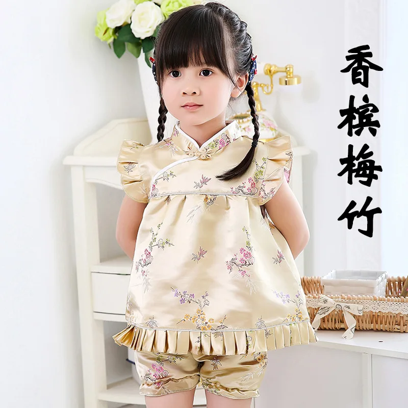 

2020 Floral Children's Sets Baby Girls Clothes Outfits Suits New Year Chinese Tops Dresses Short Pants Qipao Cheongsam