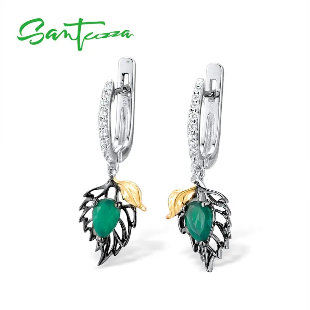 Skup SANTUZZA 925 Sterling Silver gruszka zielony agat spadek kolczyki biżuteria okrągły biała cyrkonia typu kostka wiszące kolczyki kobiet dla kobiet