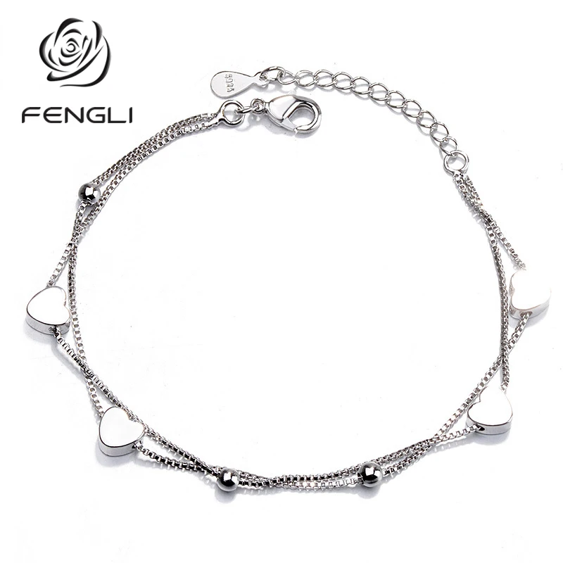 FENGLI летние браслеты и браслеты Изящные двухслойная цепь с плетением «сердце» серебряные браслеты свадебный геометрический подарок Bracciali