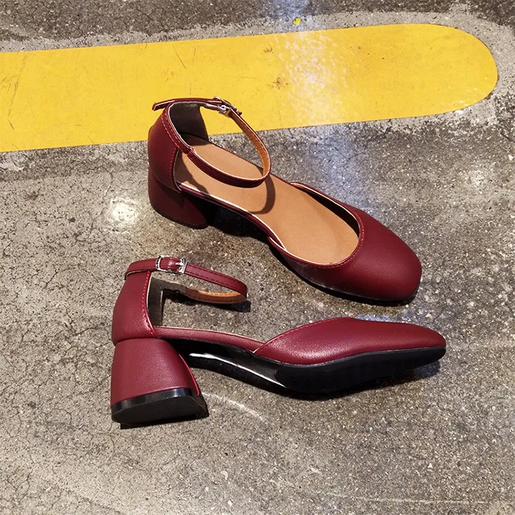 Tanie EOEODOIT kwadratowy obcas kwadratowy nosek czółenka buty damskie skórzana klamra na kostce płytkie usta Casual urząd Lady buty ol 5 cm obcas