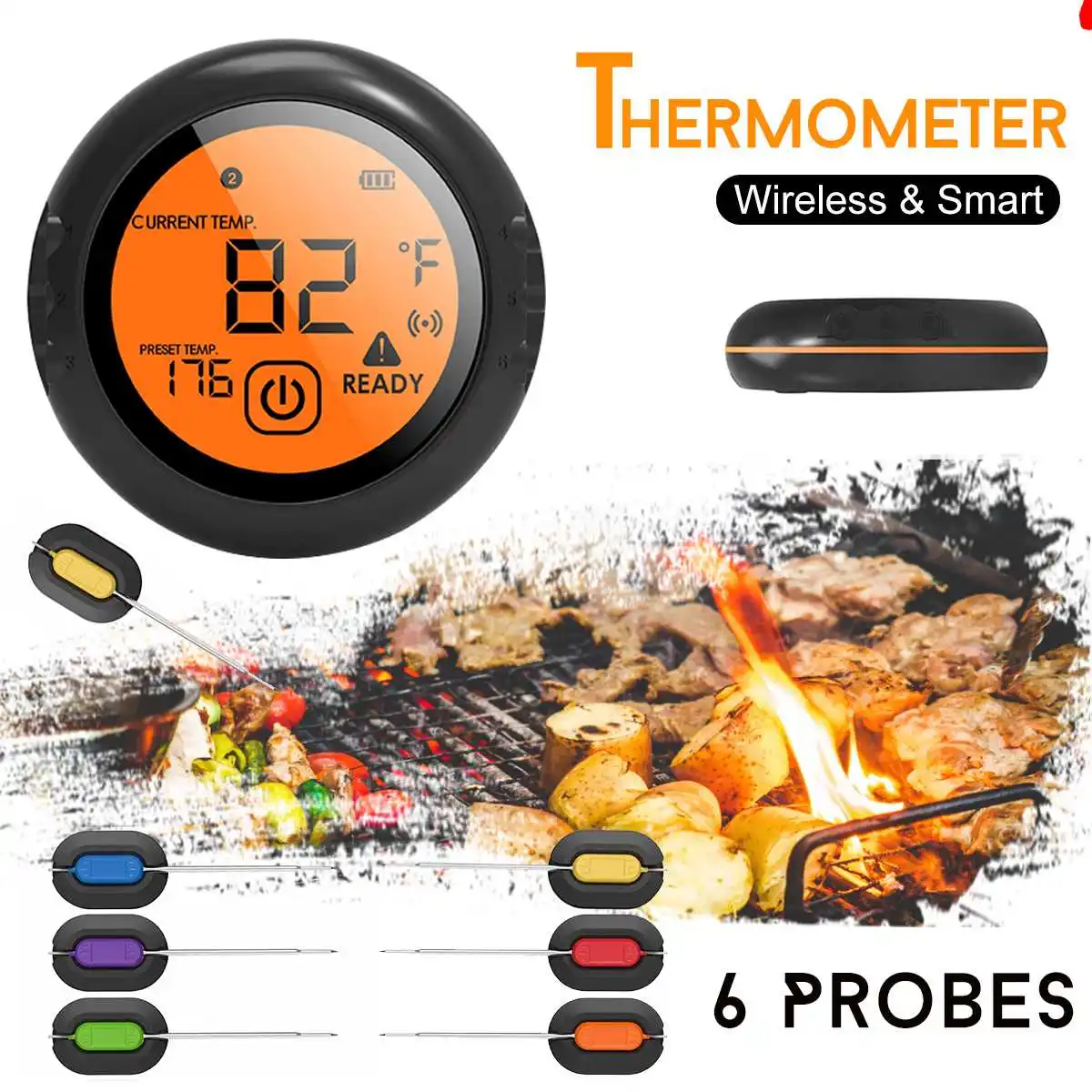 

wireless bluetooth remote digital smart bbq grill barbecue meat food cooking smoker thermometer with 6 Stainless probes