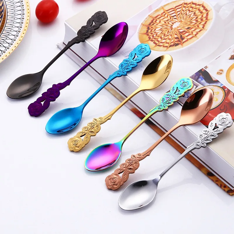 

Colorful Rose Handle Spoon Stainless Steel Coffee Stir Dessert Cake Salad Scoop Teaspoon Durable Kitchen Tableware