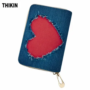 

THIKIN Women PU Leather Credit Card Bag Denim Heart Pattern Print ID Card Holder for Ladies Driving License Cover Case for Cards