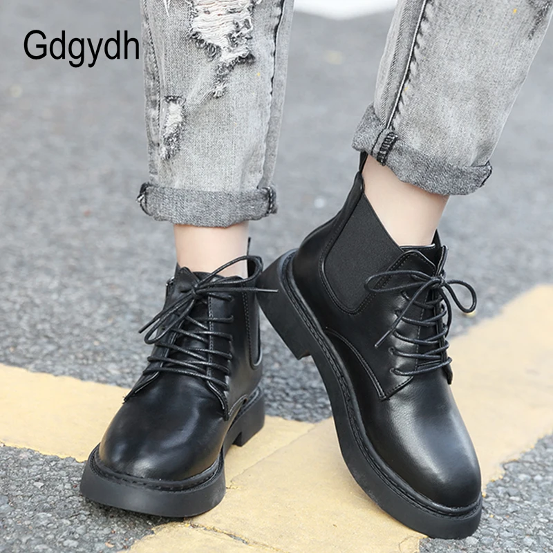 

Gdgydh New Arrival Woman Short Boots Black Ladies Casual Ankle Boots 2018 Lacing Buckle Platform Shoes Square Heels Autumn Shoes