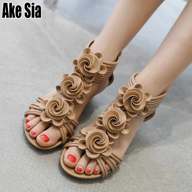 

Ake Sia Summer Women Fashion Feminine Flowery Peep-Toe Hollow Out Wedge Heels Zipper Gladiator Sandals Flat Platform Shoes A345