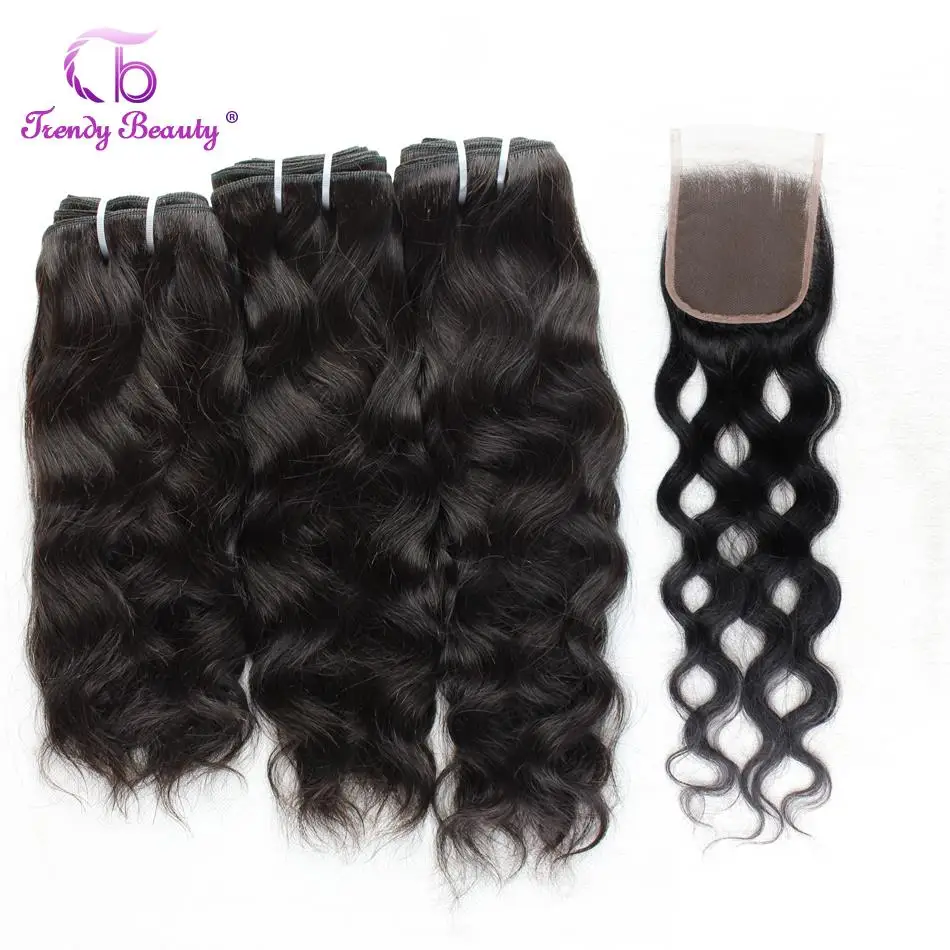 

Trendy Beauty Brazilian Natural Wave Hair 3Bundles With Closure Natural Black Color Human Hair Weave Bundles Non-remy