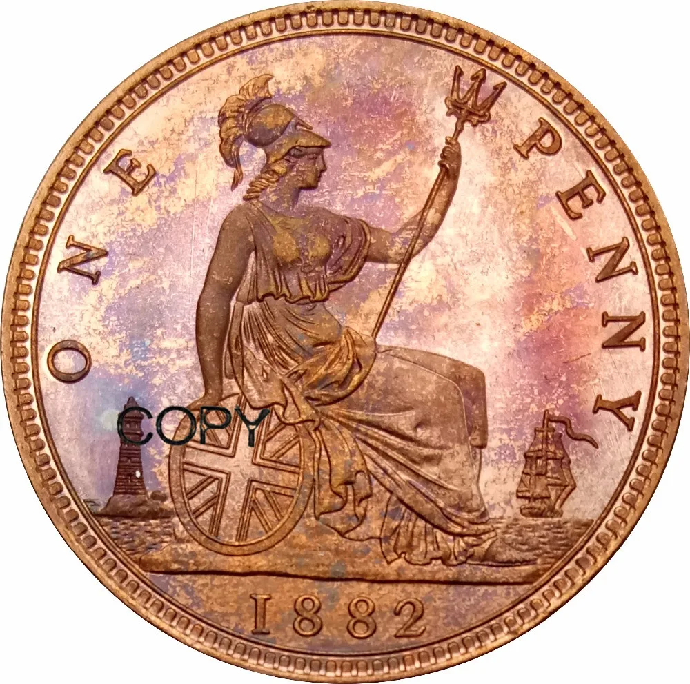 Красная медная копия монет из Великобритании 1 пенни 2 й портрет Виктории 1882|coin