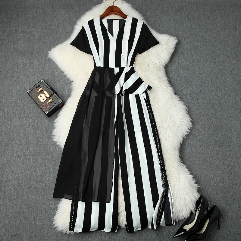 

Pant Suit Summer 2019 New V-Neck Short Sleeved Ruffles Patchwork Chiffon Top + Elastic Waist Lace Patchwork Wide Leg Pants Set
