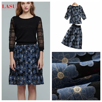 

LASUI2019 1Y New jean fabrics Cotton denim embroidery mesh lace hollow 3D Creative perspective fabric DIY dress X0280