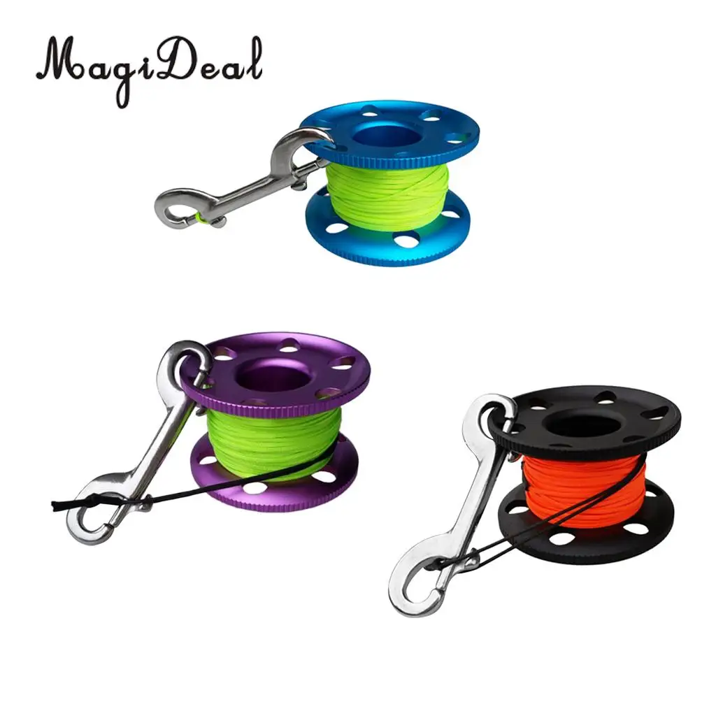 MagiDeal Scuba Diving Aluminium Finger Spool Reel Line Stainless Steel Snap Bolt Clip 20/30/50M Blue Purple Black