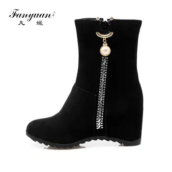

Fanyuan Women Spring Autumn Wedges Heels boots Pointed Toe Faux suede Zipper Ankle Boots Winter Increasing Height Short Boots