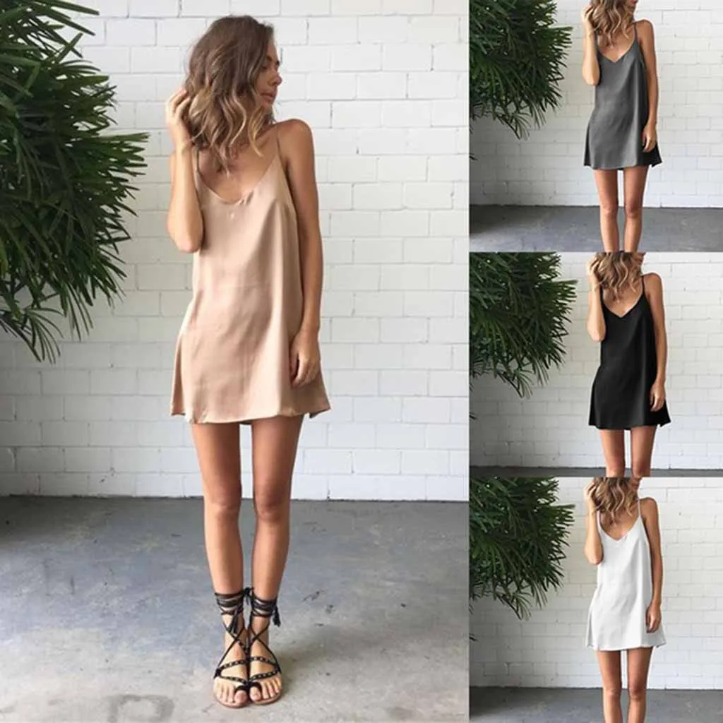 

Fashion Womens Sleeveless Strap Solid Color Black White Khaki Gray Party Cocktail Beach Micro Dress Sundress Summer Mini Dresses