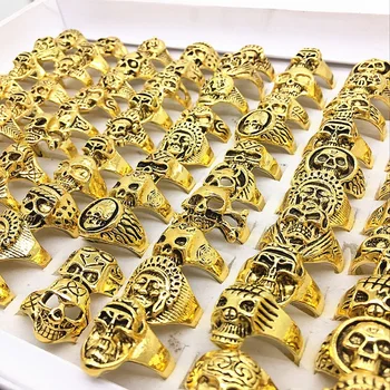 

Wholesale Bulk 50pcs Mixed Styles Mens Womens Gold Punk Biker Skull Sports Rings Fashion Jewelry