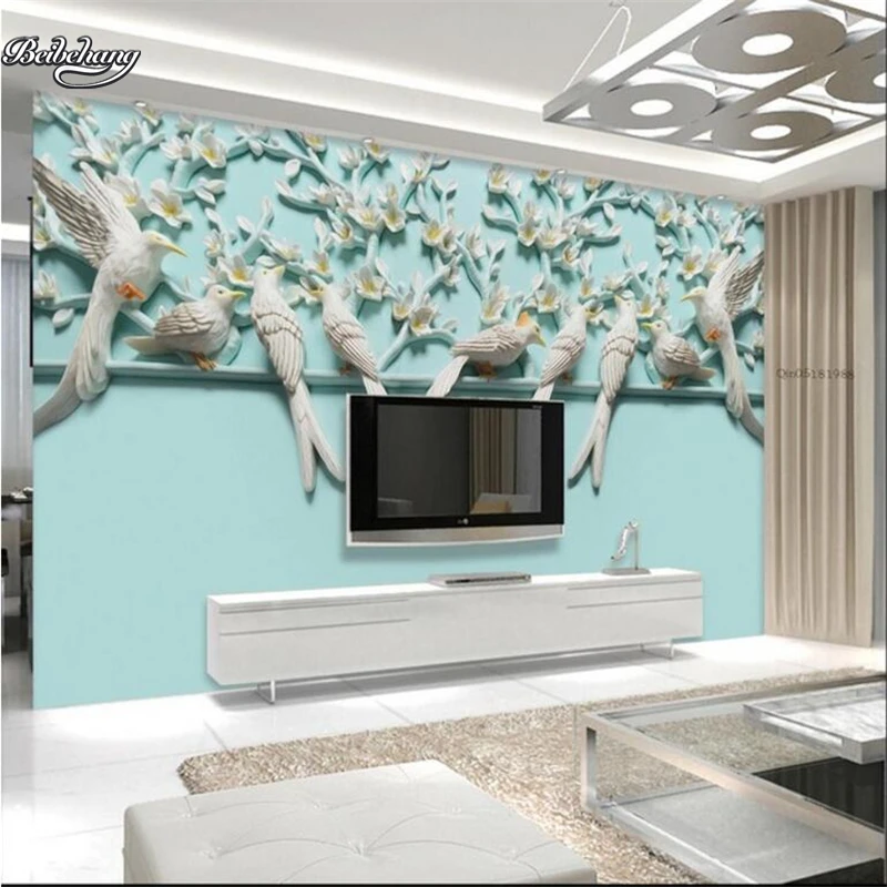 

beibehang 3d magnolia flowers and birds relief TV background wall custom large mural non - woven wallpaper papel de parede