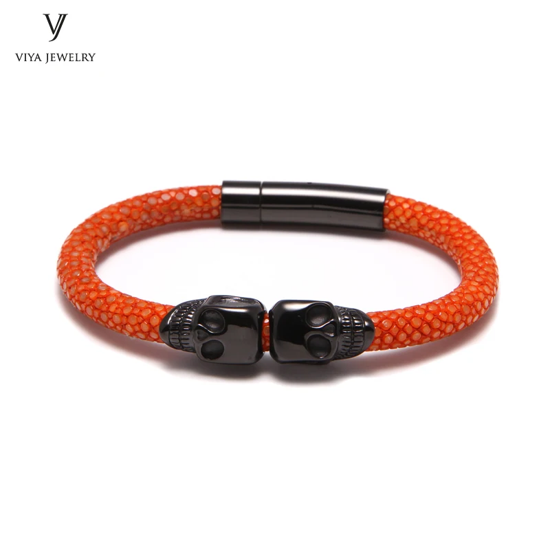 

New Arrival Top Quality Luxury Stingray Bracelet Orange Stingray Leather Bracelet & Black Twins Skulls Two Skulls Men Bracelets