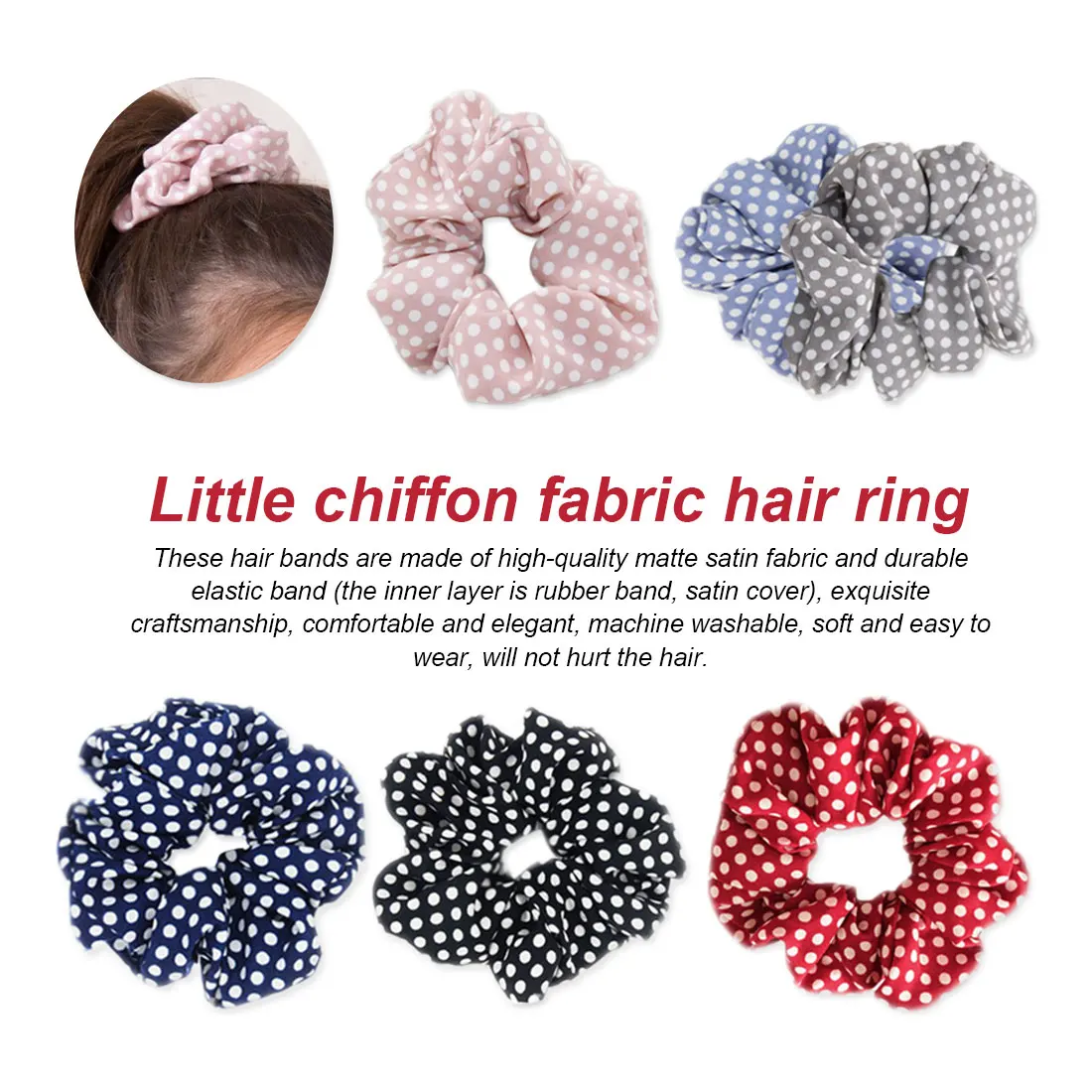 

Large fabric Girl 1PC Polka Dots Design Chiffon Fabric Hair Scrunchy Ponytail Holder Hair ties Gum Hair Bands flocking hair ring