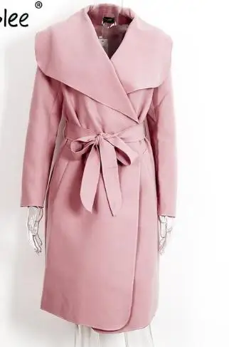 Ruffled warm wool coat women Turndown collar pink long coat autumn overcoat Female sash black winter coat outwear 2018