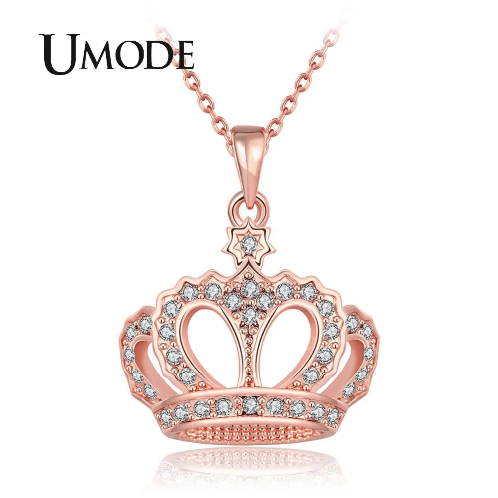 

UMODE Rose Gold Color New Fashion Crown Pendant Necklaces for Women 2018 Clear Zircon Crown Necklace Pendants Jewelries AUN0308A