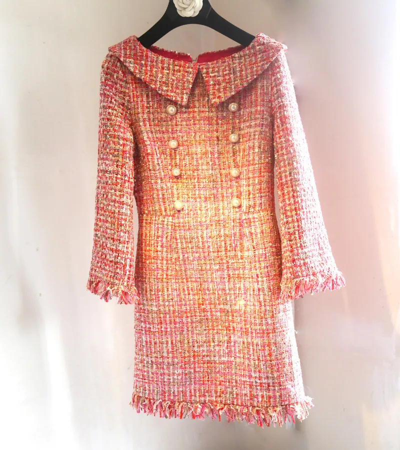 2019 Fall/winter women's three quarter sleeve dress Korean style women's tweed dress A573