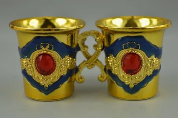

China Exquisite Cloisonne Carve Flower Inlay Bead Rare Pair Noble Wine Cup
