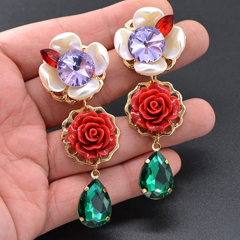 

Ethnic Baroque Bohemian White Pearl Flower Earring Exaggerated Statement Red Rose Crystal drop Earrings For Women Jewelry Gifts
