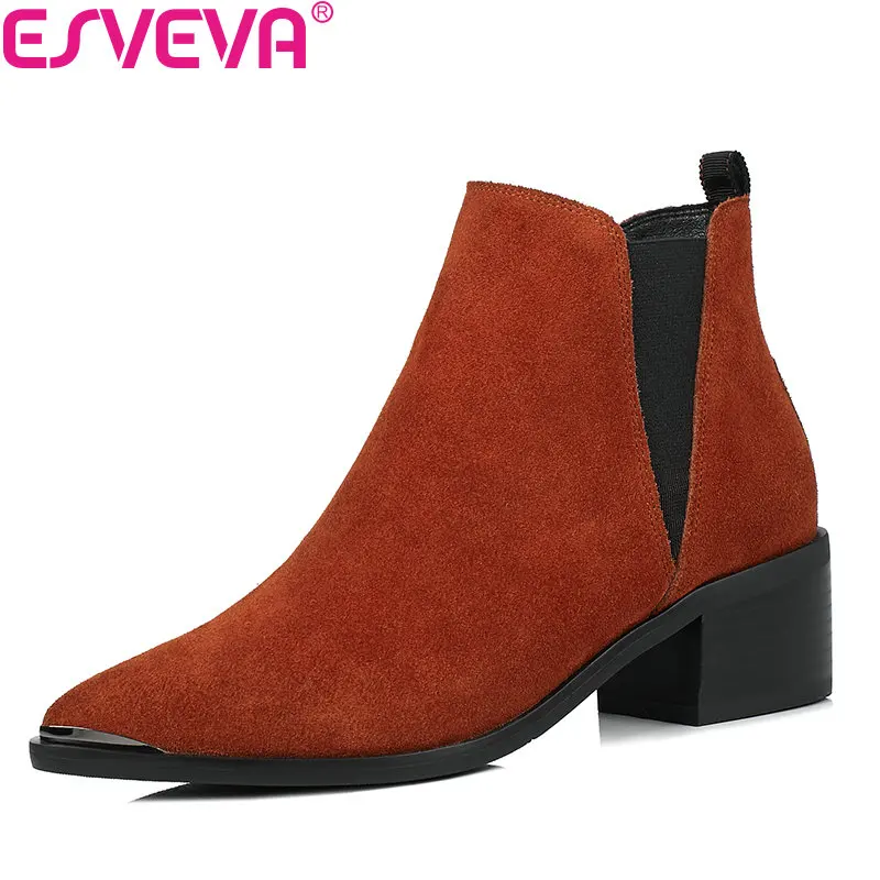 

ESVEVA 2018 Black Pointed Toe Fashion Boots Western Style Ladies Ankle Boots Cow Suede Slip on Orange Autumn Shoes Size 34-40