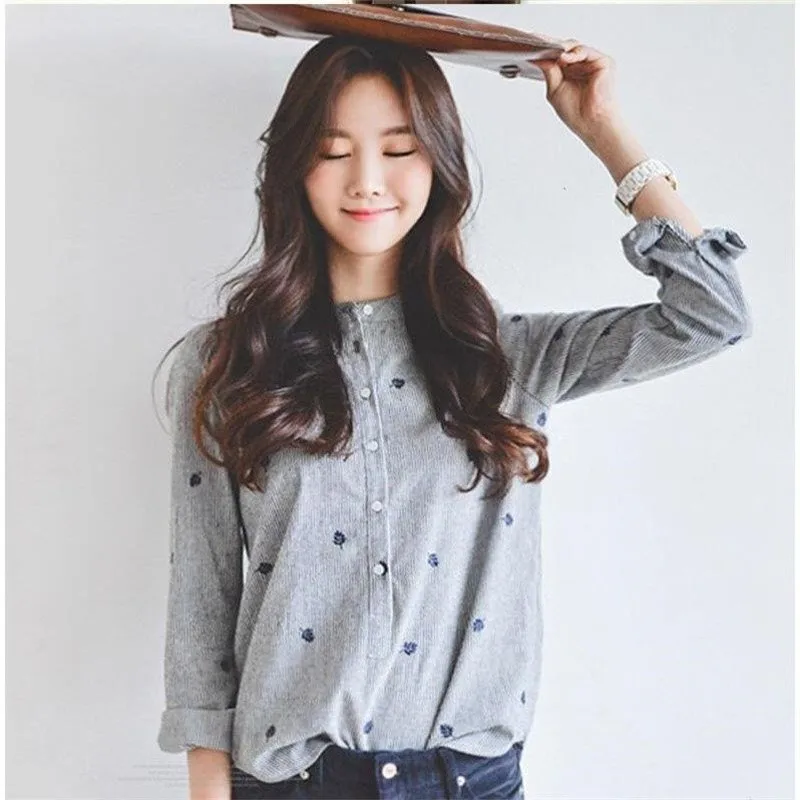 

Women Embroidery Blouses 2019 Fashion Long Sleeve Stand Office Shirt Blouse Shirt Casual Tops Plus Size Blusas Femininas