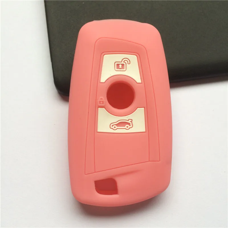 Силиконовая Резина автомобиль ключ чехол для BMW 5 7 серии 3 кнопки ключа автомобиля крышка чехла - Название цвета: Розовый