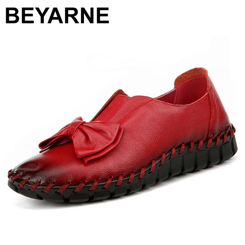 

BEYARNE 2018 Spring Fashion Genuine leather Woman Flats Handma Comfortable Loafers Woman Shoes Bowknot Flat Woman Casual Shoes