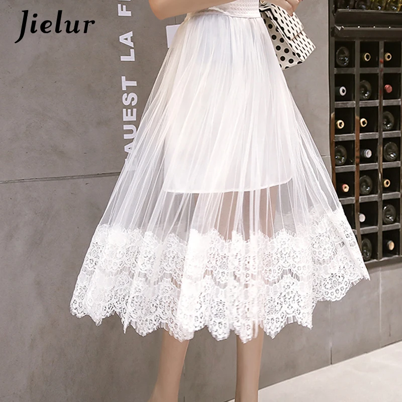 Jielur плиссированная Женская юбка сетчатая кружевная шикарная Великолепная Harajuku однотонная женская летняя юбка с эластичной талией тонкие новые белые юбки