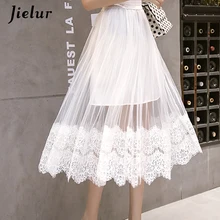 Jielur плиссированная Женская юбка сетчатая кружевная шикарная Великолепная Harajuku однотонная женская летняя юбка с эластичной талией тонкие новые белые юбки