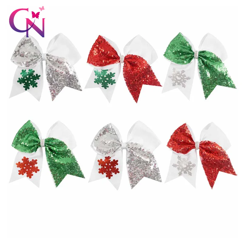 6 цветов, 12 шт., 7 дюймов, Sequine Christmas Cheer Bow с заколки для девочек, детские аксессуары для волос ручной работы с украшением в виде снежинки