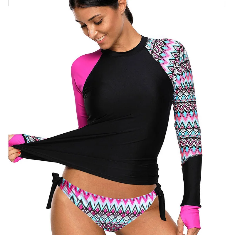 اثنين من قطعة زي سباحة من قطعتين بيكيني مجموعات اثنين من قطعة الدعاوى طويلة الأكمام تصفح أعلى طفح الحرس قميص برقبة مستديرة للنساء طباعة ملاب...