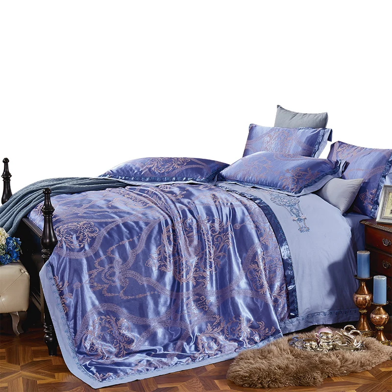 

KELUO Wedding Luxury Satin Jacquard Bedding sets Queen King size Duvet cover Bed sheet Pillow Sham Lace Blue