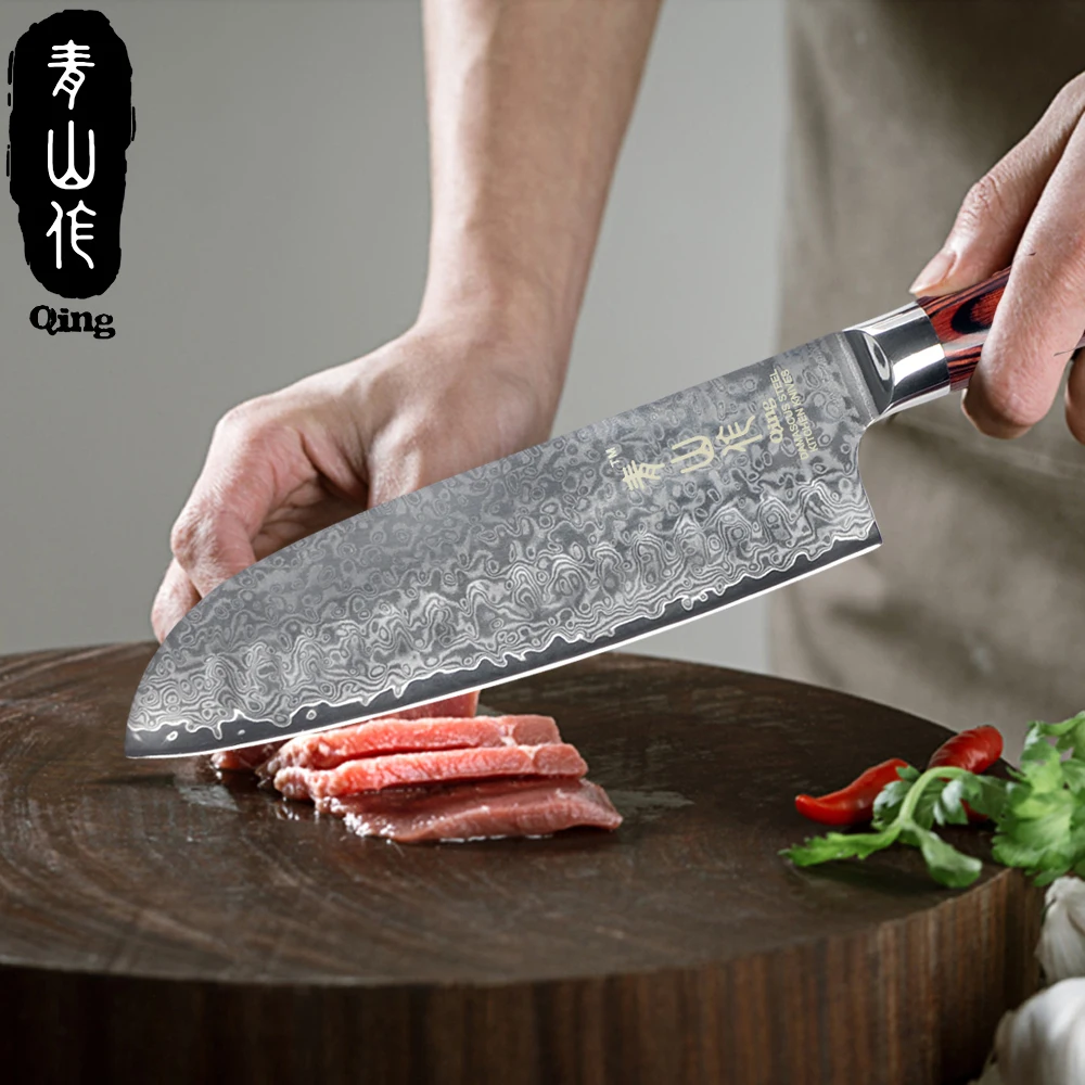 QING дамасский нож " шеф-повара 7" разделочный нож Santoku VG10 Core Дамасские кухонные ножи Набор цветных деревянных ручек кухонные инструменты