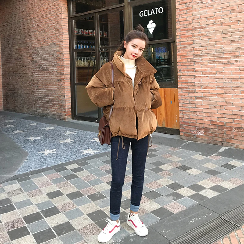 Короткое зимнее однотонное хлопковое женское Свободное пальто в Корейском стиле, новинка, хлопковое пальто с воротником на пуговицах, Женская куртка XY039