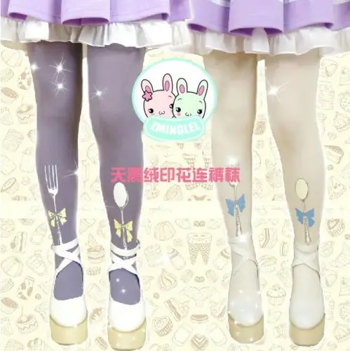 Женские колготки Kawaii Лолита вилка и ложка велюровые Милые Harajuku 120D молочно-белый