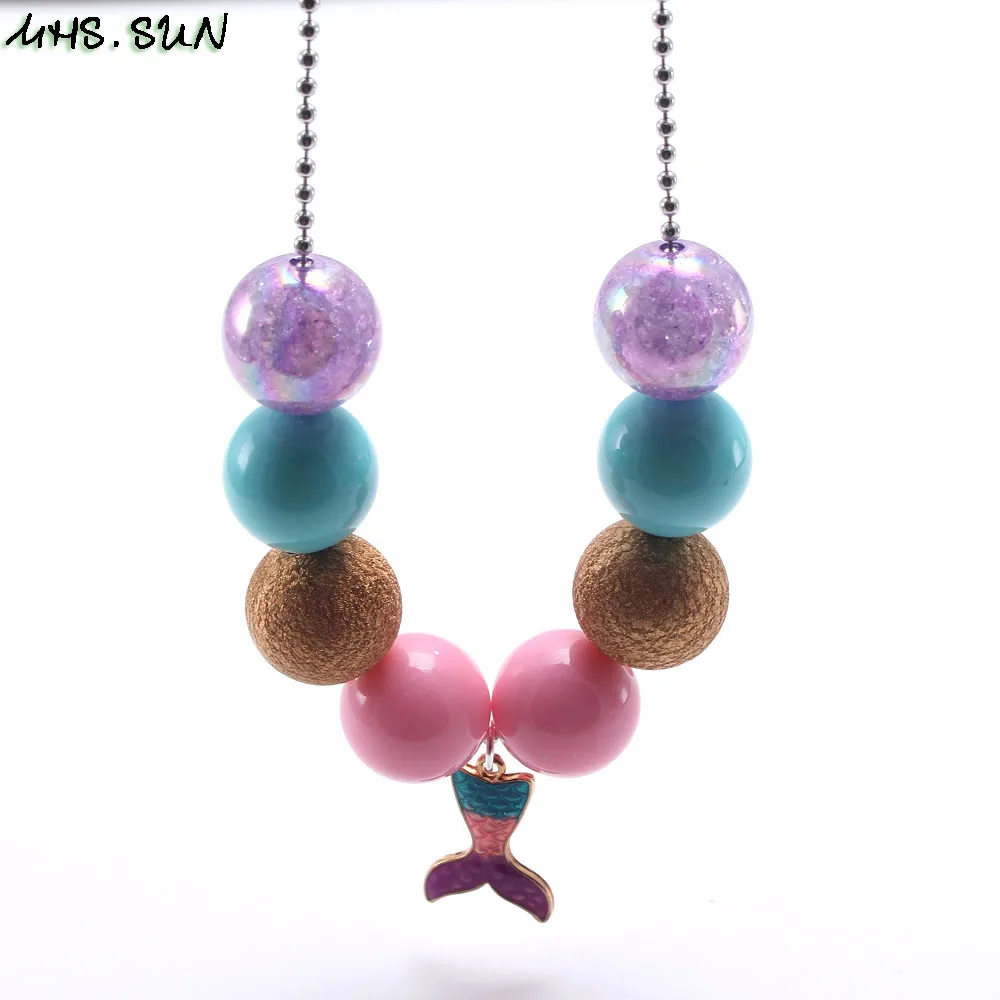 BN609 (17) New Arrival Kids Girls Chunky Beads Necklace With Mermaid Tail Pendants Fashiong Long Chain Necklace Chunky Jewelry 1PCS