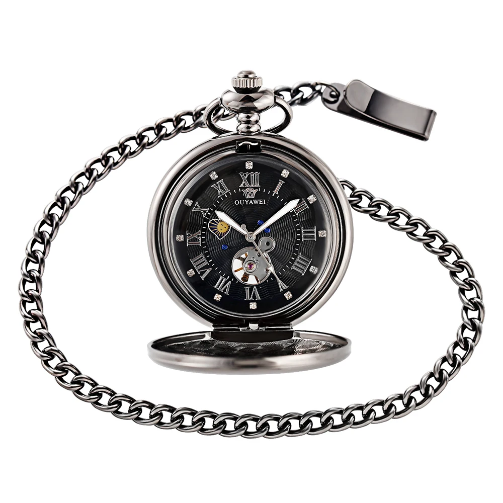 OUYAWEI, винтажные карманные часы, черный чехол, полый циферблат, функция фазы Луны, ручной взвод, механические, Fob часы